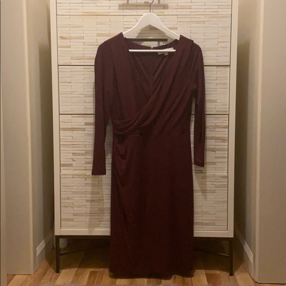 LOFT burgundy long sleeve wrap midi dress